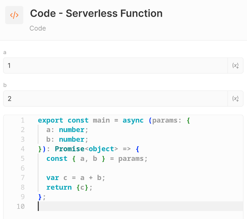 Screenshot of a javascript function in Twenty that adds two numbers together