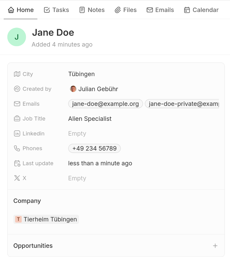 A screenshot of the person model in Twenty