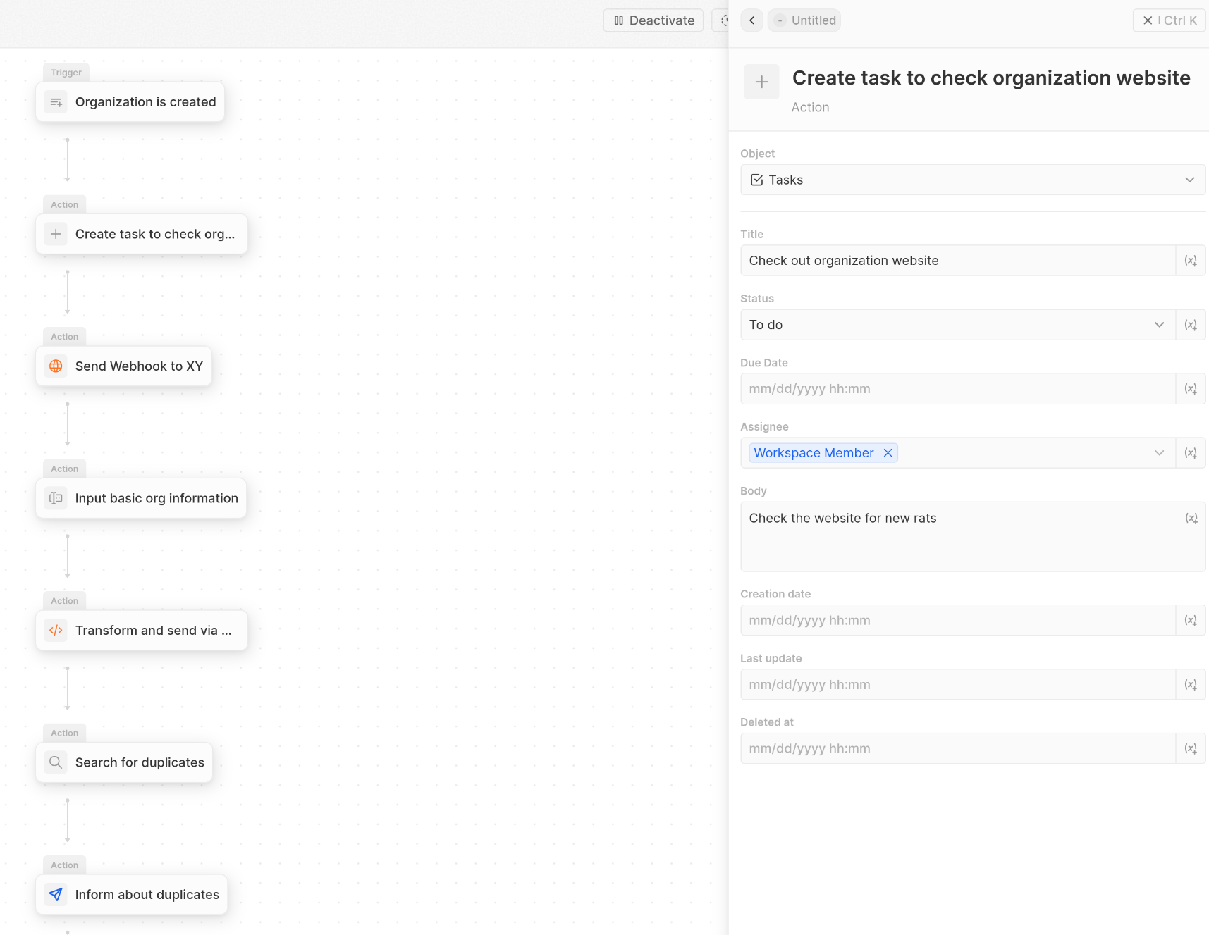 A workflow in twenty. After the Trigger "Organization" created there is a new task generated, a webhook send and a form used.